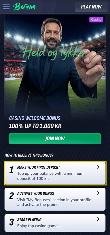 Casino Welcome Bonus Page with the Make Your First Deposit Step Highlighted