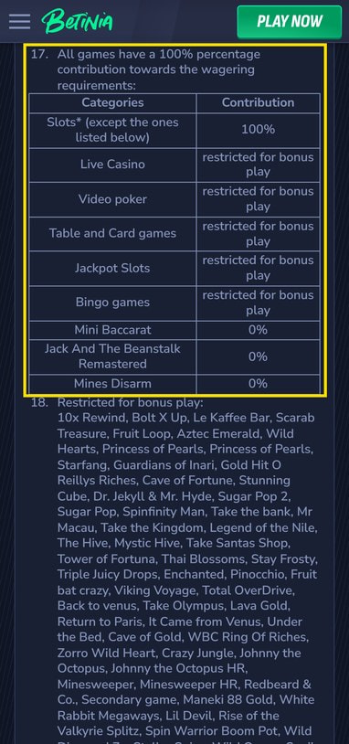 Casino Game Contribution Table Showing Slots Counting 100% Toward Wagering