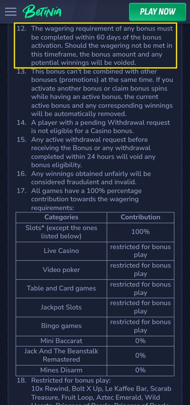 Casino Bonus Terms with the 60-Day Wagering Deadline Highlighted