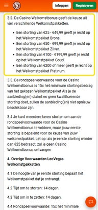 LeoVegas welcome package tiers by deposit amount, from &euro;25 for Bronze to &euro;200 for Platinum