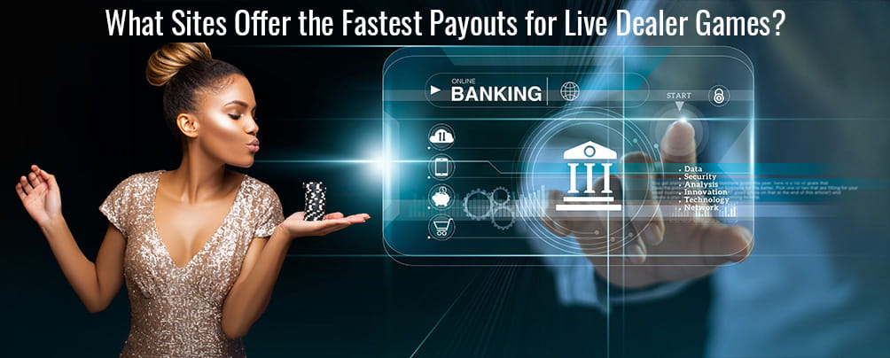 A live dealer with a stack of casino chips in her hand, and a futuristic online banking hologram