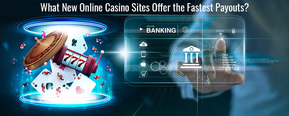 A roulette wheel, playing cards, casino chips, a slot reel in a teleportation device, and a futuristic online banking hologram