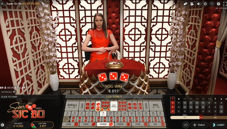 Super Sic Bo by Evolution live dealer table with random multipliers up to 1,000x