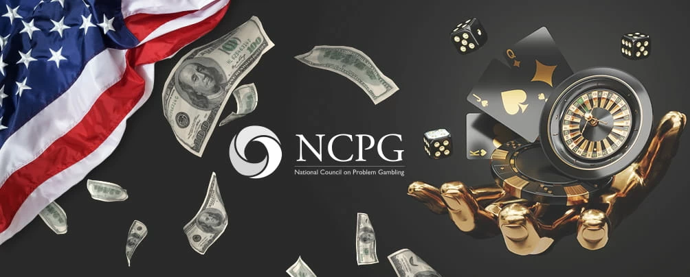 NCPG logo, the American flag, cash winnings, and a casino game.