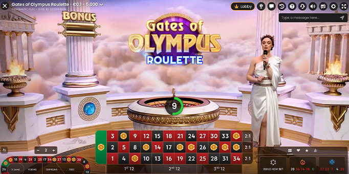 Screenshot from the new Gates of Olympus Roulette Live by Pragmatic Play
