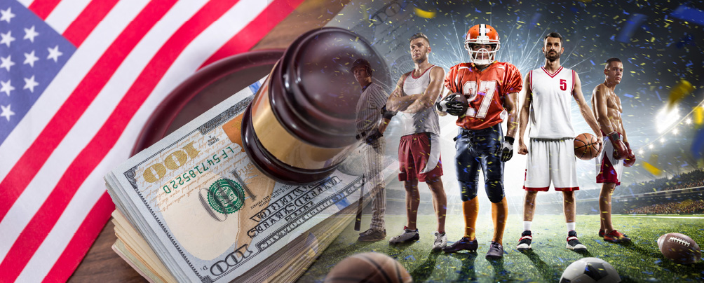 Elements of legal dfs betting overview in the US including an American flag, boxing, basketball and football players,cash money and stamp