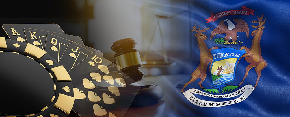 Playing cards, a judge's gavel, and the Michigan state flag.