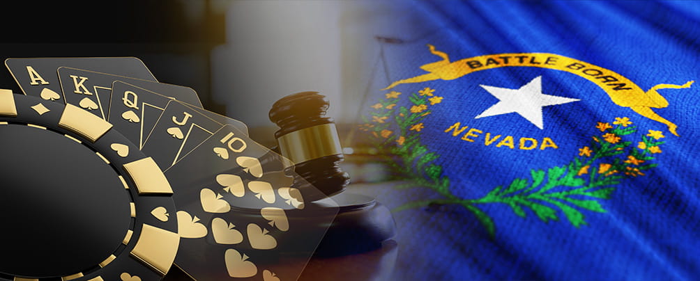 Playing cards, a judge's gavel, and the Nevada state flag.