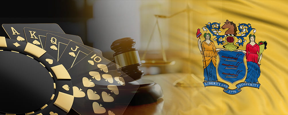 Playing cards, a judge's gavel, and the New Jersey state flag.
