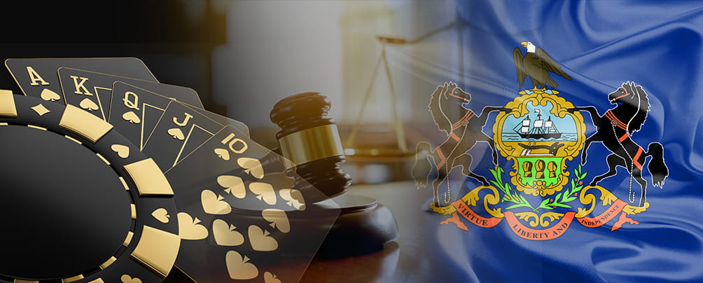 Playing cards, a judge's gavel, and the Pennsylvania state flag.