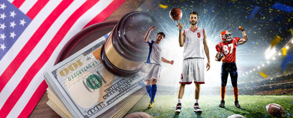 Elements of legal sports betting overview in the US including an American flag, soccer, basketball and football players, money and stamp