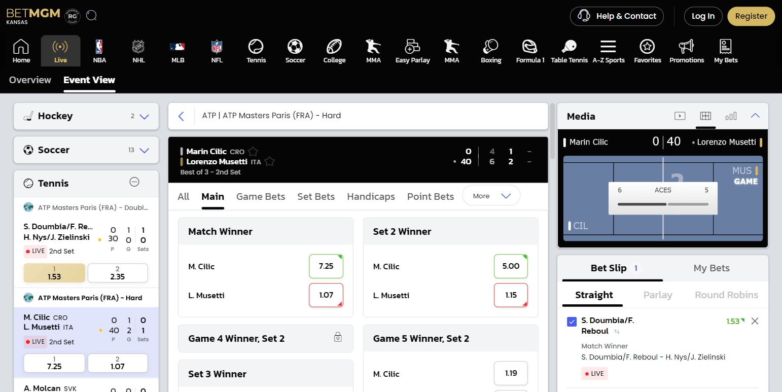 A screenshot of the BetMGM live sports betting platform available to bettors in Kansas.