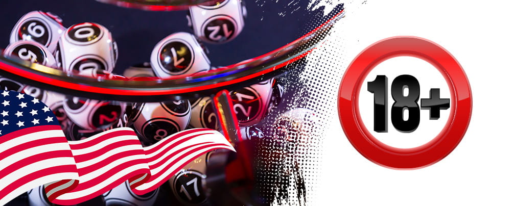 Lottery drawing machine, the American flag, and the age restriction for the online lottery.