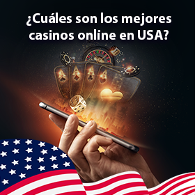 Elementos de casino como cartas de póker, dados, ruleta y fichas junto a una bandera de Estados Unidos.