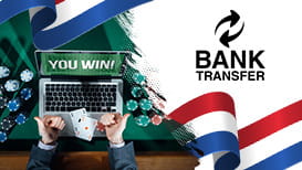 Bank Transfer logo, poker chips, laptop and the Netherlands flag