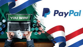PayPal logo, poker chips, laptop and the Netherlands flag