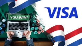 Visa logo, poker chips, laptop and the Netherlands flag