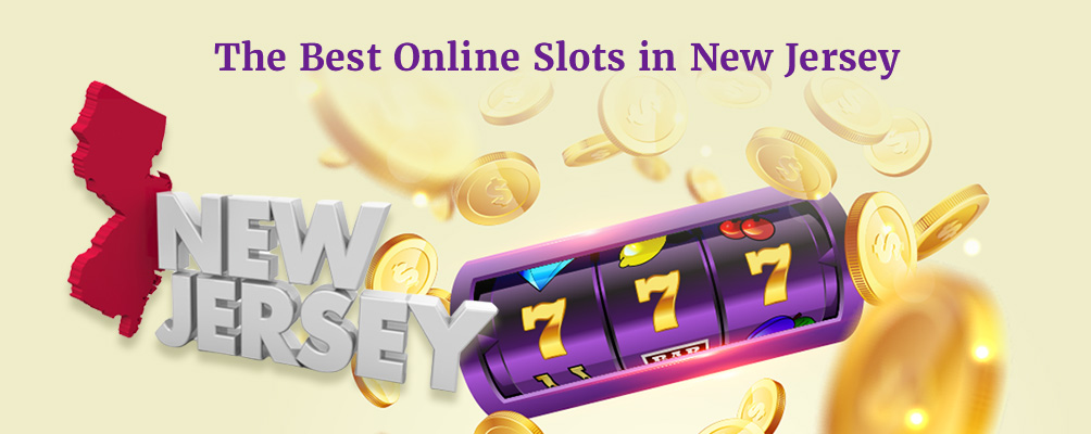 New Jersey state outline, a winning slots machine and coins