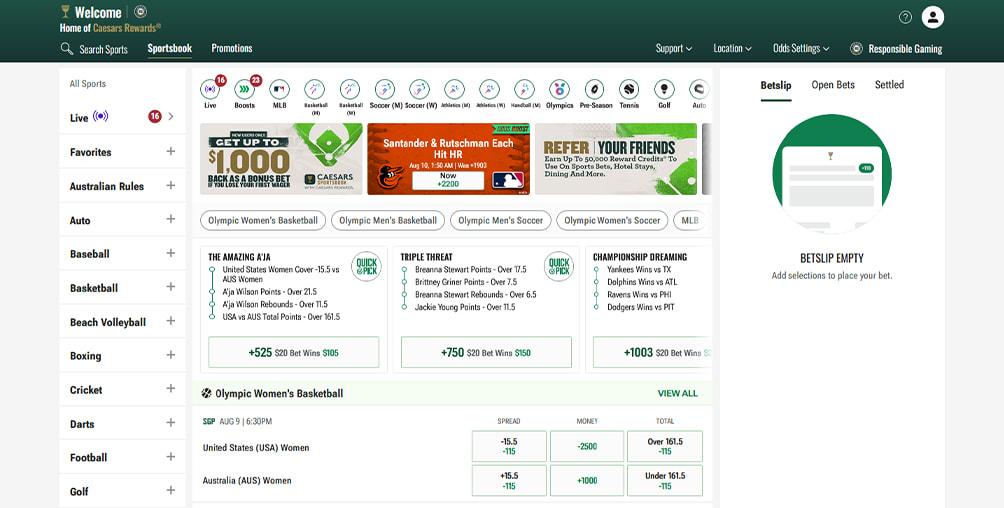 A screenshot of the caesars NY platform and the overview of the bettor's wagers.