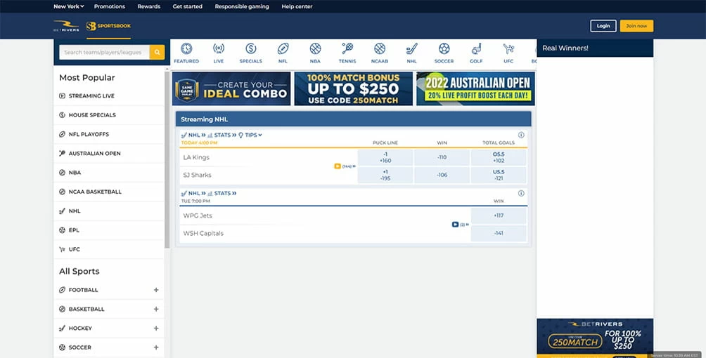 DraftKings New York live betting platform showing live tennis results from Australian Open