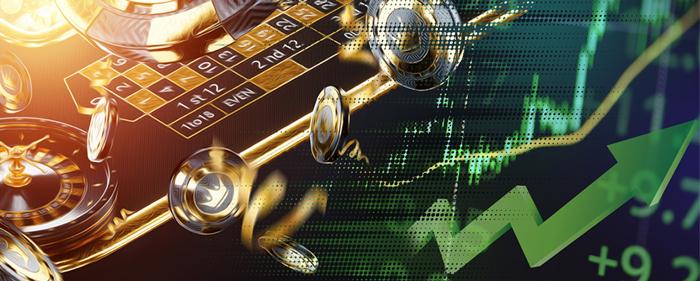 Casino games, chips, and a stock chart