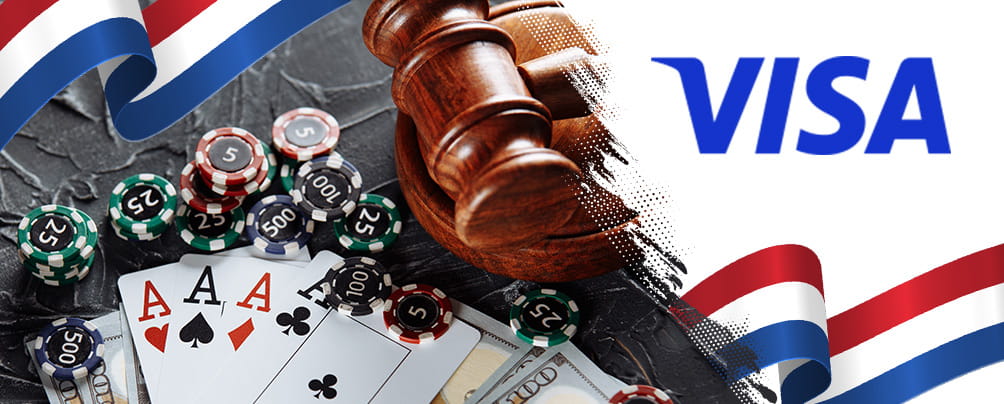 Visa logo, poker chips, cards, money, judge's gavel and the Netherlands flag