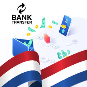 Bank Transfer logo, transferred money from a wallet to a phone, and the Netherlands flag
