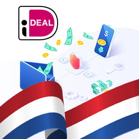 iDEAL logo, transferred money from a wallet to a phone, and the Netherlands flag