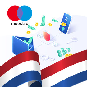 Maestro-logo, geld overmaken van een portemonnee naar een telefoon en de Nederlandse vlag