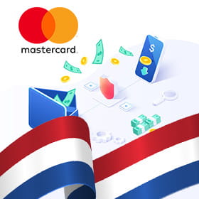 Mastercard-logo, geld overmaken van een portemonnee naar een telefoon en de Nederlandse vlag