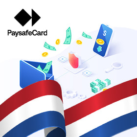 PaysafeCard logo, transferred money from a wallet to a phone, and the Netherlands flag