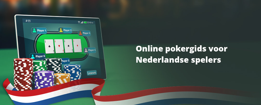 Pokeren met een laptop, fiches en de Nederlandse vlag