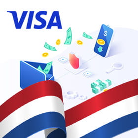Visa logo, transferred money from a wallet to a phone, and the Netherlands flag