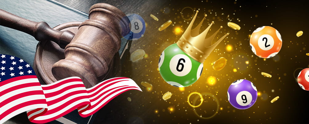 A judge's gavel on a stack, the American flag, and online lottery balls.