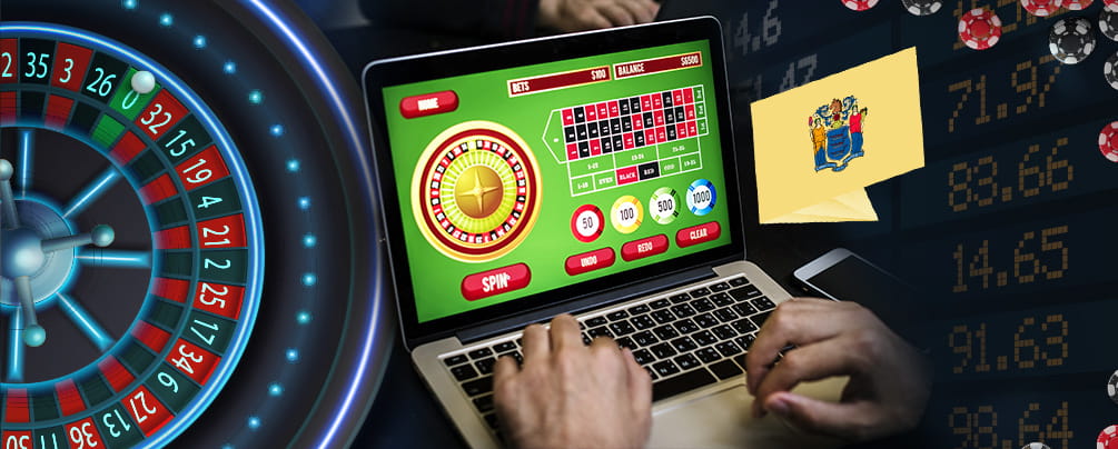 The NJ state flag, roulette wheel, and an online roulette game in progress