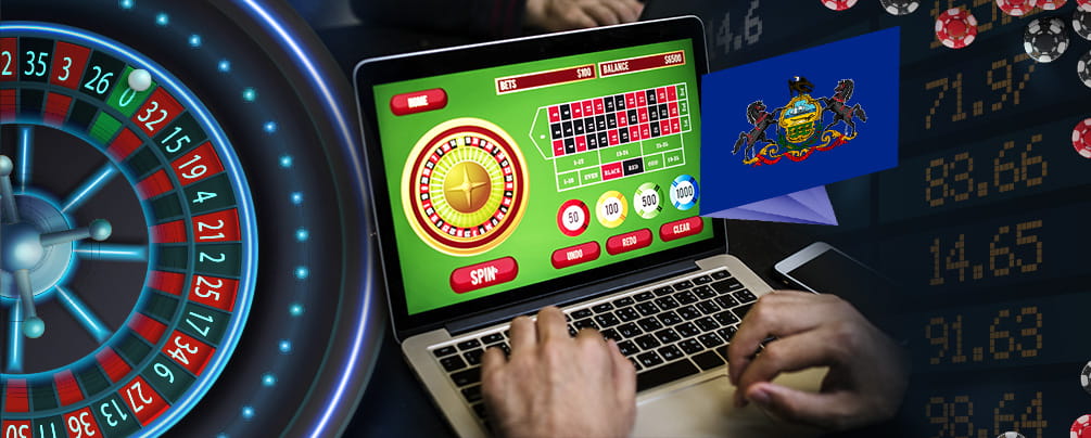 PA state flag, roulette wheel, and an online roulette game in progress