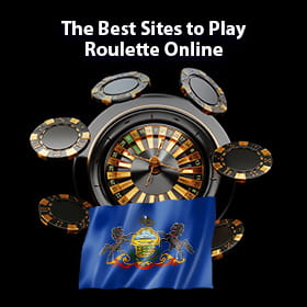 The Pennsylvania state flag and a roulette wheel on a black background