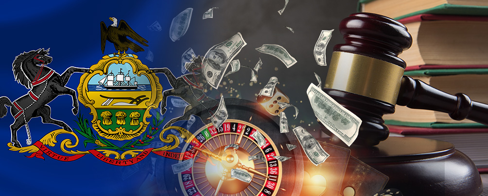flag with Pennsylvania state symbol, US currency, book of law, roulette wheel, judge's gavel and block