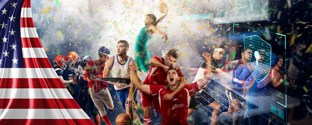 Elements of secure sports betting overview in the US including an American flag, multiple sports players winning and security screen.