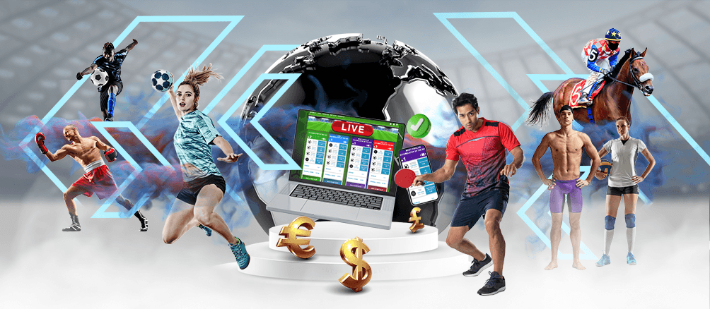 Elements of sports betting outside of the US including an multiple sports players, laptop and different currency signs
