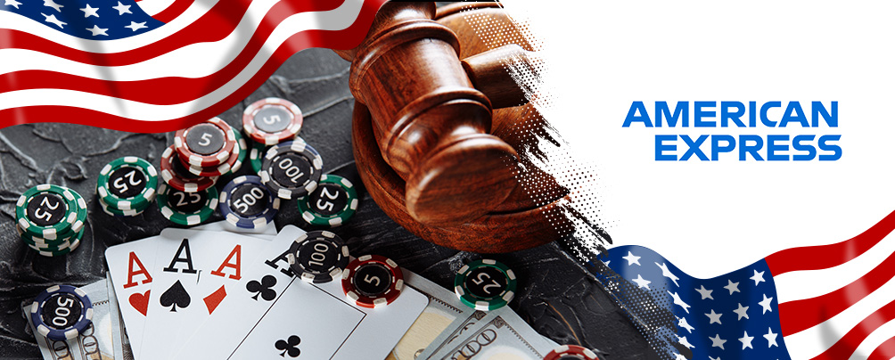 American Express logo, a judge's gavel, playing cards, chips, and the US flag