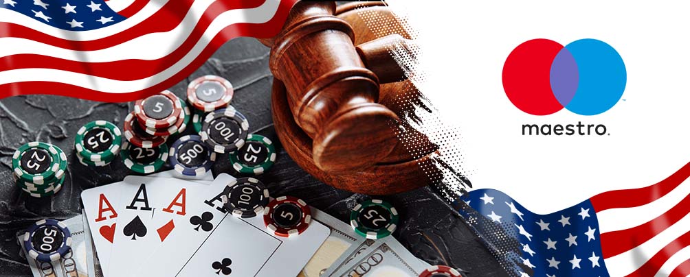 A judge's gavel on a stack, casino chips, playing cards, the American flag, and the Maestro logo