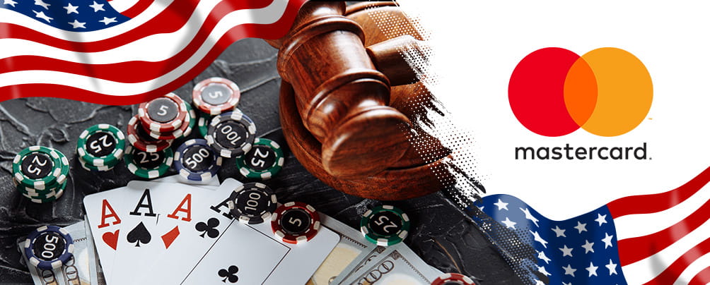 A judge's gavel on a stack, a casino game, the American flag, and the Mastercard logo