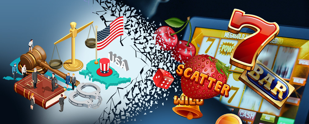 A mix of slot related symbols, a US flag, legal scales, a judges hammer for legal slot games in the US