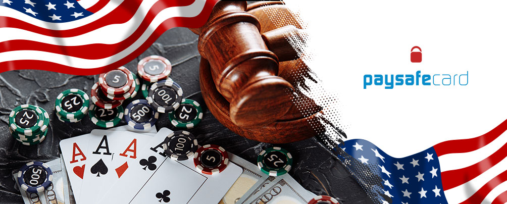 The US flag, the Paysafecard logo, playing cards, and casino chips