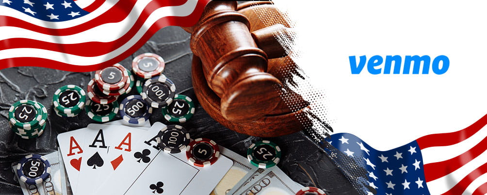 A judge's gavel on a stack, casino chips, playing cards, the American flag, and the Venmo logo
