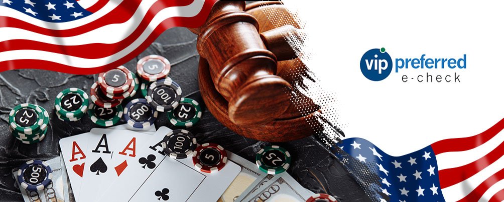 A judge's gavel on a stack, a casino game, the American flag, and the VIP Preferred logo