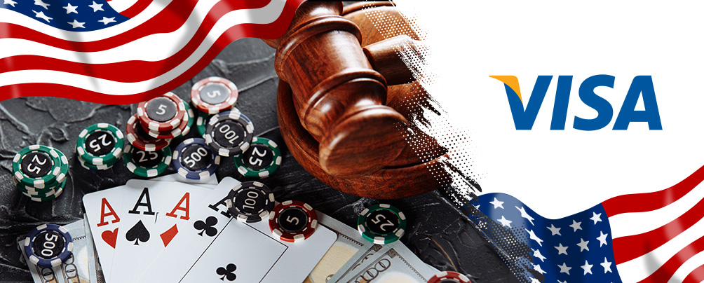 A judge's gavel on a stack, a casino game, the American flag, and the Visa logo