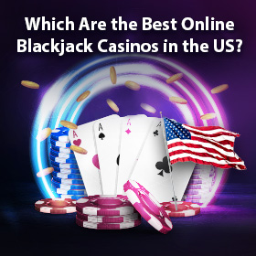 Best online blackjack sites in the US with chips, coins, playing cards and a US flag
