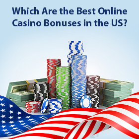 Stacks of money, several stacks of playing chips and the US flag
